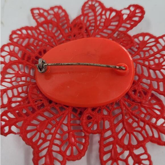 Vintage Art Deco Floral Brooches Red Celluloid Pair Statement Glam Jewelry‎ - Picture 6 of 8